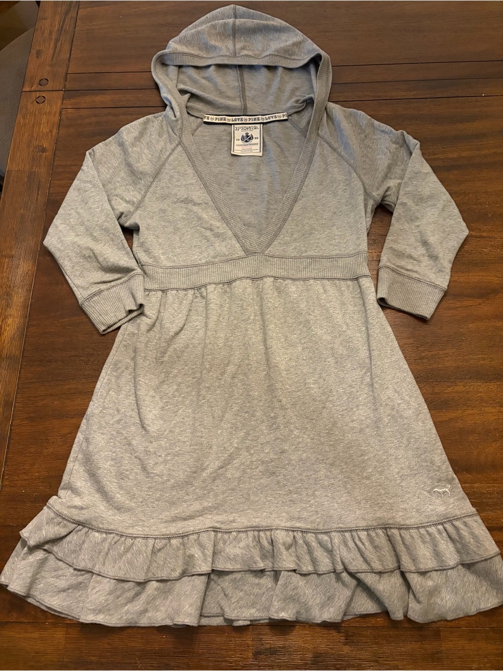 Vintage 2008 Victoria’s Secret PINK Gray Hooded Sweatshirt Dress Ruffle Hem M